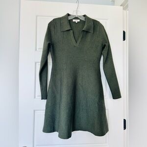 Avara Olive Green Knit Collared Long-Sleeve Dress
